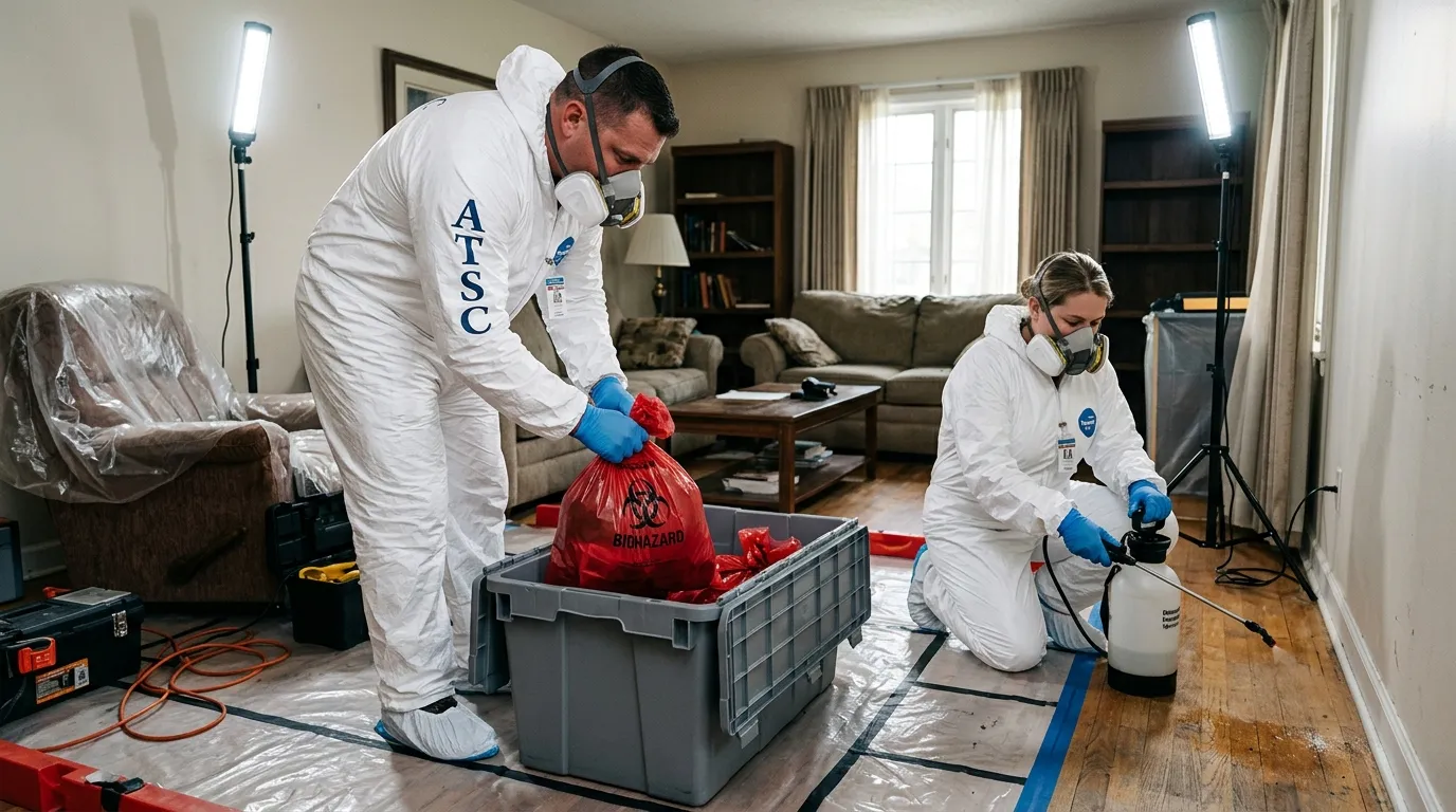 Professional Biohazard Cleanup technician in full PPE working in Grayslake